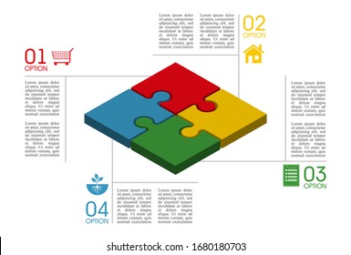 Isometry Four sided 3d square puzzle presentation. Abstract isometric 4 pieces puzzle infographic