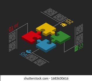 Isometry Four sided 3d square puzzle presentation. Abstract isometric 4 pieces puzzle infographic