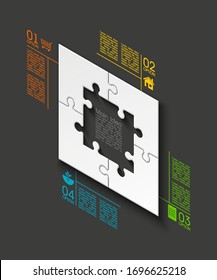 Isometry Four sided 3d square puzzle presentation. Abstract isometric 4 pieces puzzle infographic