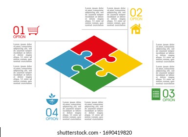 Isometry Four Sided Flat Square Puzzle Presentation. Abstract Isometric 4 Pieces Puzzle Infographic