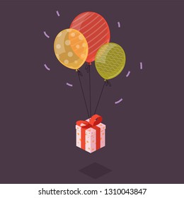 Isometry gift with ribbon on ballons. Gift symbol. 3d vector isometric illustration. Card with festive gift box.