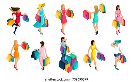 Isometry of a girl buying, sale, packages, holidays, black Friday, Fashionable clothes for a modern girl, for vector illustrations.