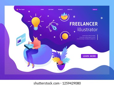 Isometry girl designer works, draws, dreams, creates design. Freelancer illustrator. Website Template Landing page.