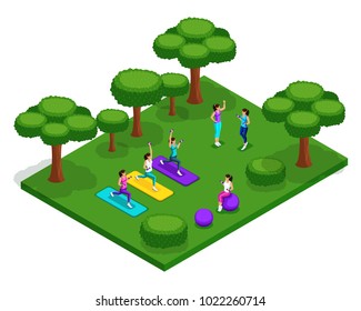 Isometry of a girl doing outdoor sports in the park, a healthy lifestyle, morning gymnastics, fitness, beautiful girls. Set for illustrations.