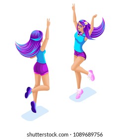 Isometry of a girl jumping, having fun, enjoying, colorful and bright hair color, galactic hair, Ombre style, bright hair coloring. Glamour Fashion concept.