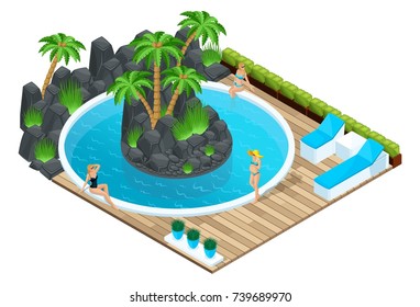 Isometry of the girl at the pool, pregnant woman, 3D people on vacation, swimming. Beautiful landscape, palm sea stones bright concept for advertising.