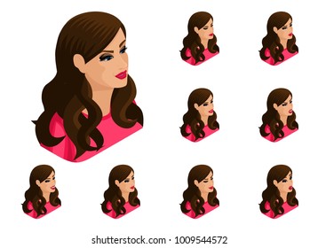 Isometry girl set of hairstyles and emotions, beautiful, bright woman. Qualitative 3D vector isometry