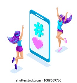 Isometry of the girls jumping, having fun, enjoying near the phone with a hashtag, colorful and bright hair color, bright stylish hair coloring. Glamorous concept.