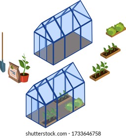 
isometry greenhouse with seedlings white background