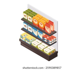 Isometry grocery store shelving unit. Multi-tier retail display with colorful products. Supermarket rack system. Store equipment with various packaged foods. Commercial merchandise display. Vector.