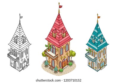 Isometry hand drawn building. Colored houses set. Living cottage