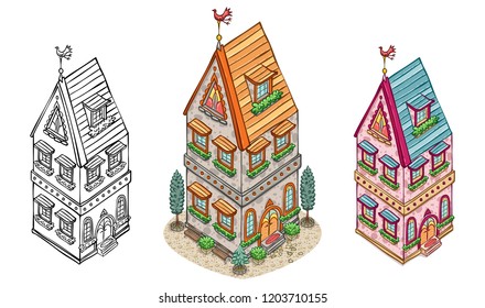 Isometry hand drawn building. Colored houses set. Living cottage