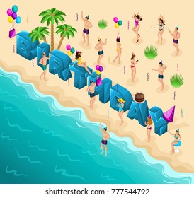 Isometry holiday birthday, on the seashore, big letters, girls in bikini dancing, cake, balloons, sea surf.