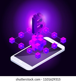 Isometry icon Blockchain bitcoin Crypto Currency Network, start up, ico, tablet, colorful background.