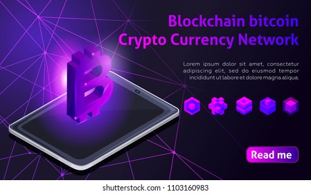 Isometry icon Blockchain bitcoin Crypto Currency Network, analysts and managers working on crypto start up, laptop, computer, tablet, colorful background