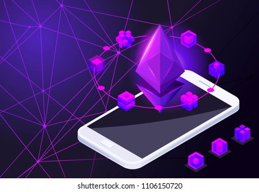 Isometry icon Blockchain Ethereum Crypto Currency Network, analysts and managers working on crypto start up, smartphone, tablet, colorful background