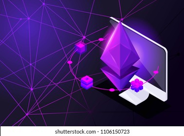 Isometry icon Blockchain Ethereum Crypto Currency Network, analysts and managers working on crypto start up, laptop, computer, tablet, colorful background