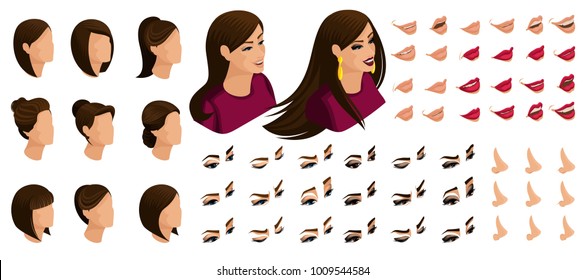 Isometry icons of the emotions of a beautiful woman, 3D hair, faces, eyes, lips, nose. facial expression. Quality isometrics create your appearance girl