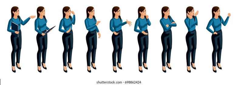 Isometry icons emotions hand gestures business woman, 3d face, eyes, lips, girl emotions, facial expressions, anger, joy. Quality people for vector illustrations.