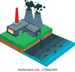 Isometry illustration of environmental pollution. Garbage, water poisoning, factories, toxic waste.