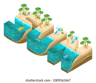 Isometry island in the form of large letters sun, 3d letters, the depth of the earth and the sea, the underwater world, the beach, palm trees and happy people.