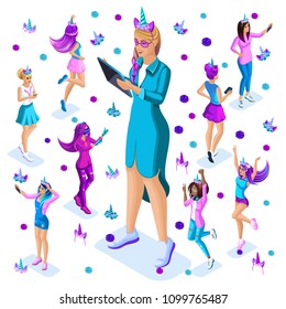 Isometry of a large girl against the background of small teenagers, a generation of Z, bright colors of clothes and hair, colorful, rainbow, unicorns, cake part7