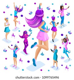 Isometry of a large girl against the background of small teenagers, a generation of Z, bright colors of clothes and hair, colorful, rainbow, unicorns, cake part4