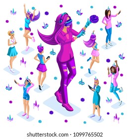Isometry of a large girl against the background of small teenagers, a generation of Z, bright colors of clothes and hair, colorful, rainbow, unicorns, cake part