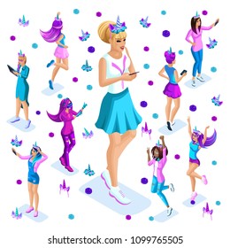 Isometry of a large girl against the background of small teenagers, a generation of Z, bright colors of clothes and hair, colorful, rainbow, unicorns, cake part8