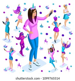 Isometry of a large girl against the background of small teenagers, a generation of Z, bright colors of clothes and hair, colorful, rainbow, unicorns, cake part9