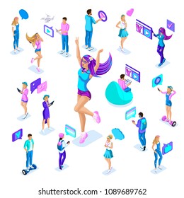 Isometry of a large girl jumping, having fun, amused against the background of many small people, teenagers, a girl with bright hair, a stylish concept of social networking.
