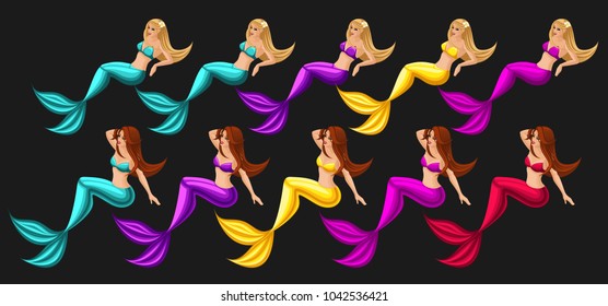 Isometry is a large set of bright beautiful mermaids, sirens, sea characters, cartoon, fabulous creatures