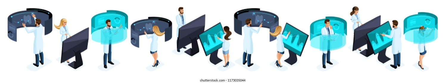 Isometry of a large set of doctors use high tech in the private clinic, virtual screen, large tablet, modern data storage, doctors, surgeons, nurses.