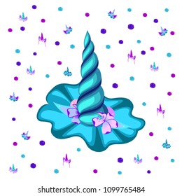 Isometry large unicorn horn against the background of small, generation Z, bright colors, colorful, rainbow, unicorn accessories, cake party