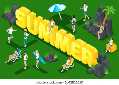 Isometry letters summer, young people, teenagers in nature, spring holidays, sunbathing, girls and men in . Bright summer concept.