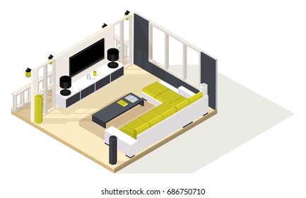 Isometry living room, 3d room, sofa, balcony, panorama windows, TV, coffee table, street lights, floor lamp, lamp. Vector illustration