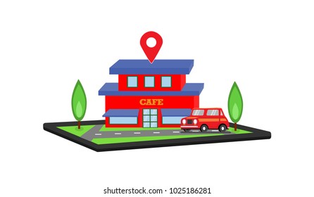 Isometry. The location of a cafe on a tablet among roads and trees