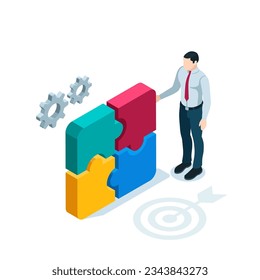 isometry a man puts together a puzzle in color on a white background, a successful business decision or doing a job
