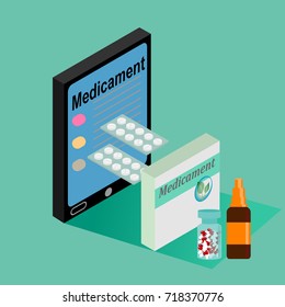 Isometry of medication icons. Ordering medication and vitamins via the Internet with a phone. vector illustrations