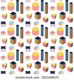 Isometry Memphis Seamless Pattern. Vector Illustration of Polygonal and Geometric Background.