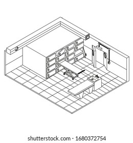 Isometry Mortuary Room With Refrigerator, Autopsy Table And Cart. Outline Drawing. Only Line.