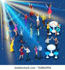 Isometry New Year's party, 3D girls dance, disco, corporate party, night club, young beautiful people having fun.