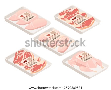 Isometry packaged meat products in plastic trays. Raw chicken, beef, and pork cuts. Supermarket meat packages. Fresh protein products. Vacuum-sealed meat portions. Grocery store meat section items.