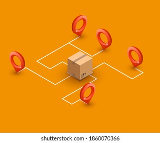 Isometry parcel box and many logistics path way icons falling into. Vector 3D illustration