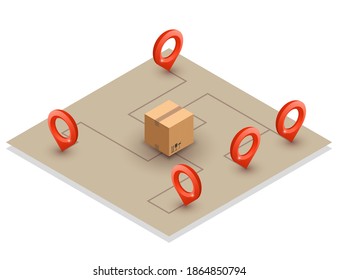 Isometry parcel box and many logistics path way icons falling into. Vector 3D illustration