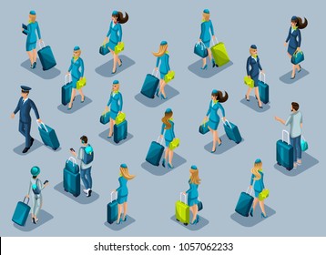 Isometry of passengers, flight attendants, pilots, recruitment of people at the international airport. People hurry with suitcases, front view back view