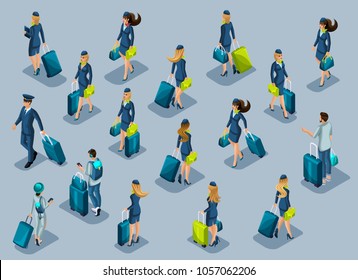 Isometry of passengers, stewardess girl, flight attendants, pilots, recruitment of people at the international airport. People hurry with suitcases, front view