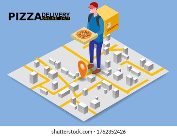 Isometry Pizza delivery courier man with package fast food pizza. Online service order, map city tracking. Vector illustration isolated flat isometric style