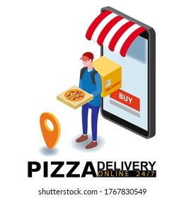 Isometry Pizza mensajero con pizza de comida rápida. Pedido de servicio en línea, seguimiento de smartphone. Ilustración vectorial de estilo isométrico plano aislado