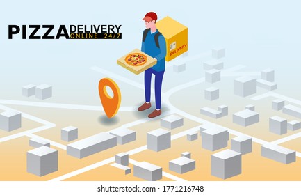 Isometry Pizza delivery courier man with package fast food pizza. Online service order, map city tracking. Vector illustration isolated flat isometric style